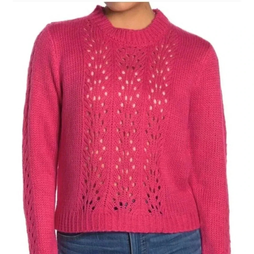 Woven Heart Open Stitch Pullover Sweater, pink, XS